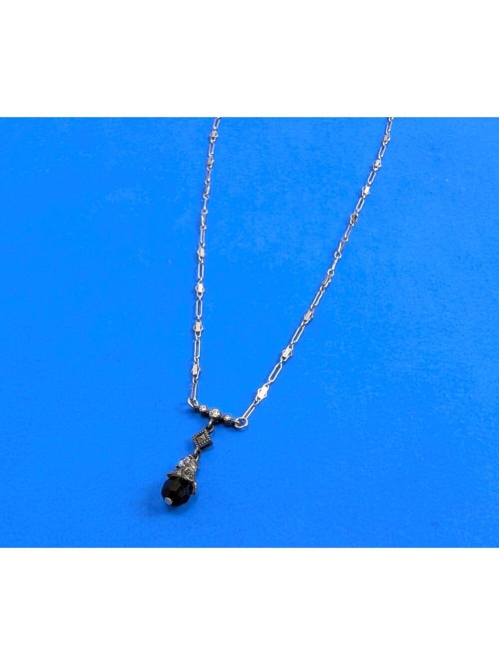 Vtg Judith Jack JCPenney Sterling Silver Black Stone Drop Charm Chain Necklace